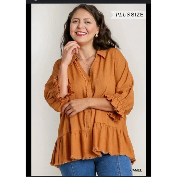 UMGEE Linen Blend Tiered Tunic Baby Doll Shirt MEDIUM Oversized - Picture 2 of 5